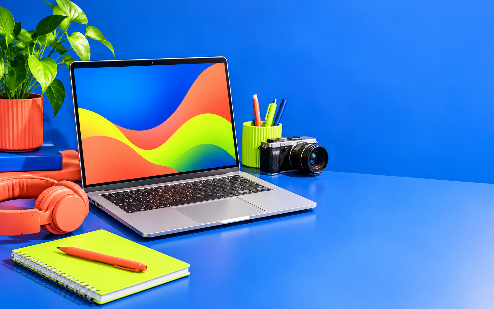 Silver laptop on a bright creator desk